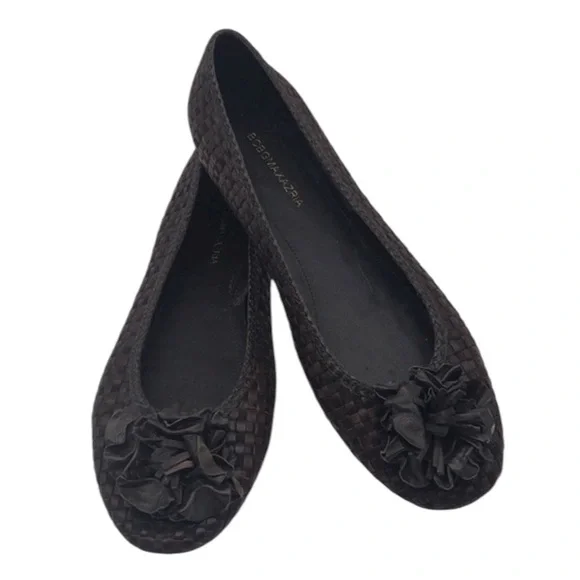 BCBGMaxAzria Black Woven Leather Textured Floral Applique Slip On Flats - Picture 4 of 16